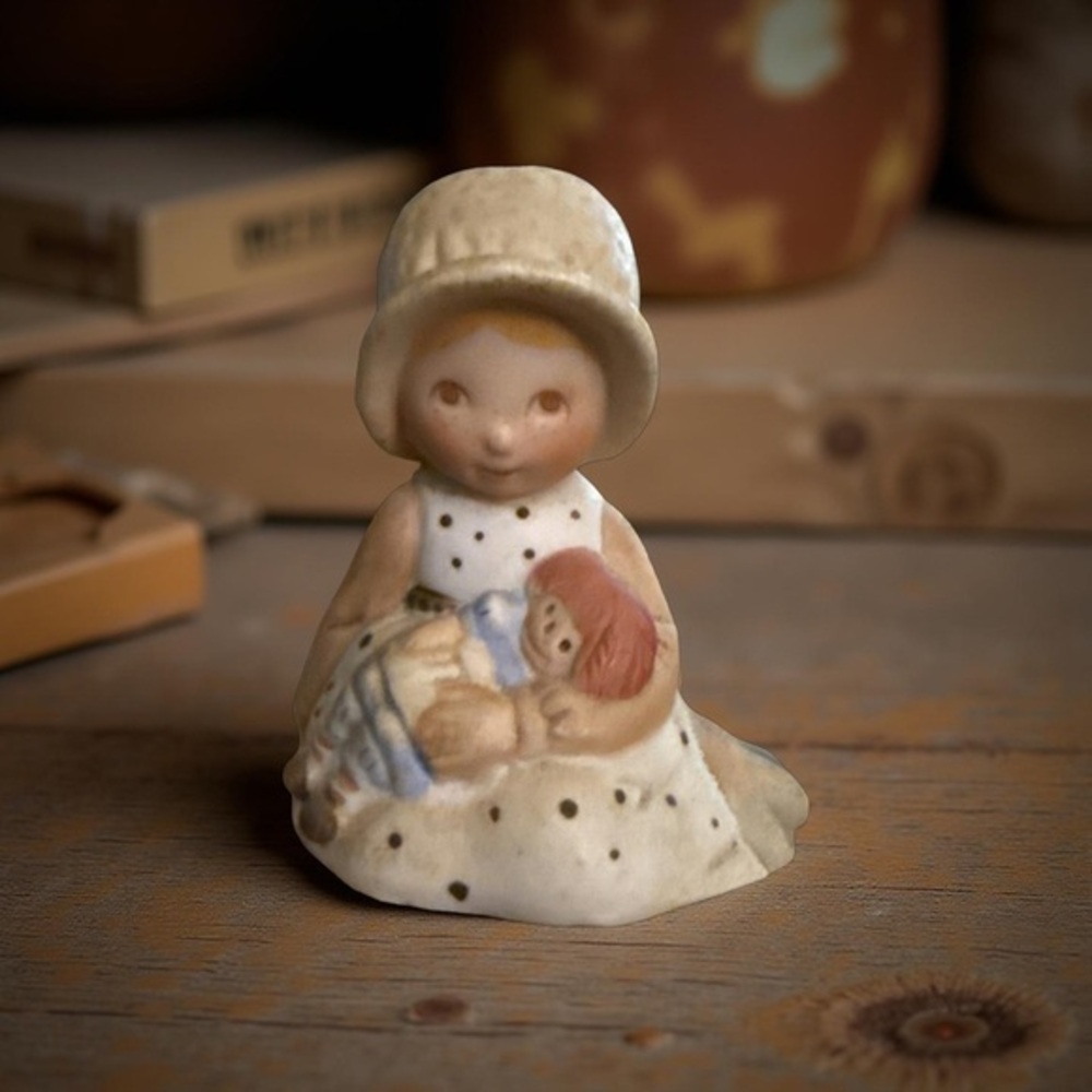Vintage Holly Hobbie Mini Figurine Girl with Rag Doll 2” Ceramic 1970s